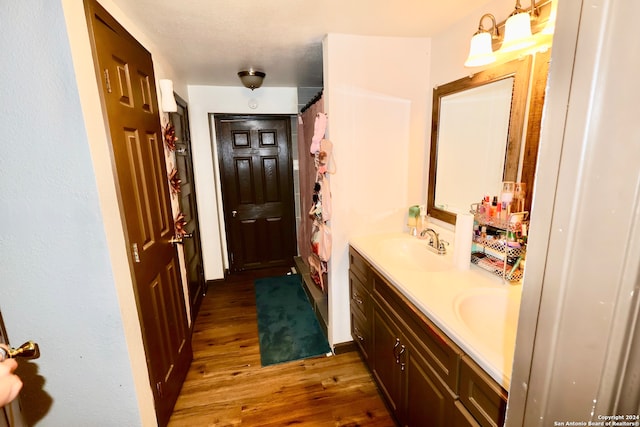 bathroom with hardwood / wood-style floors and vanity