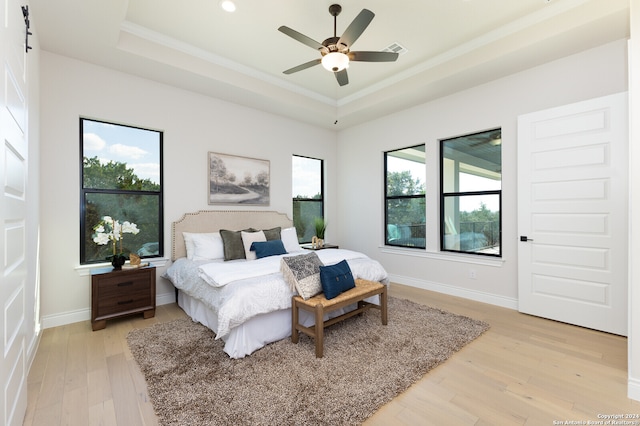 bedroom with ceiling fan, multiple windows, a raised ceiling, and light hardwood / wood-style flooring