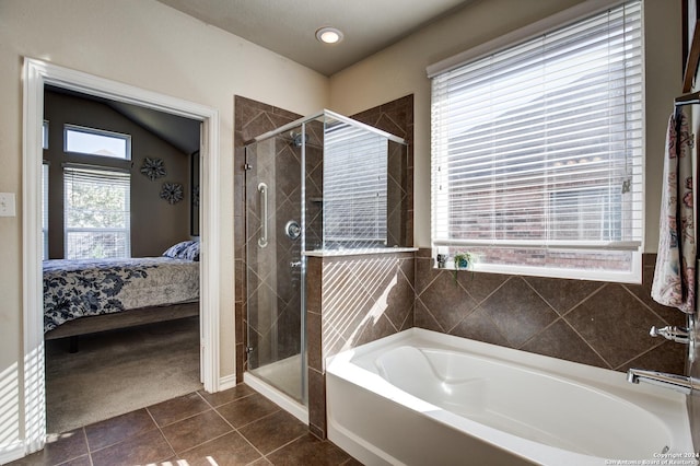 8811 Falcon Park, Converse, TX 78109 - bathroom featuring connected bathroom, a garden tub, a shower stall, tile patterned flooring, and recessed lighting