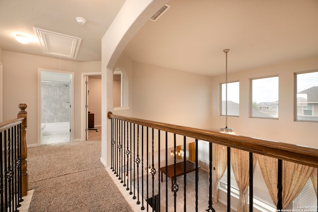 hallway featuring light carpet