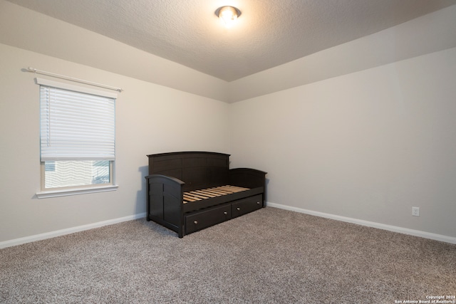 bedroom with carpet floors and a textured ceiling