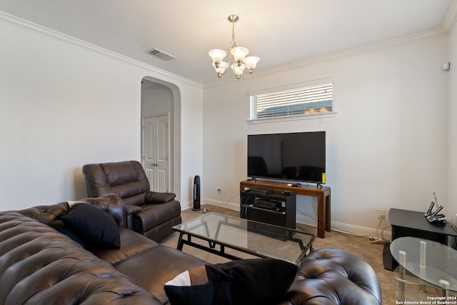 living room with light colored carpet, crown molding, and an inviting chandelier