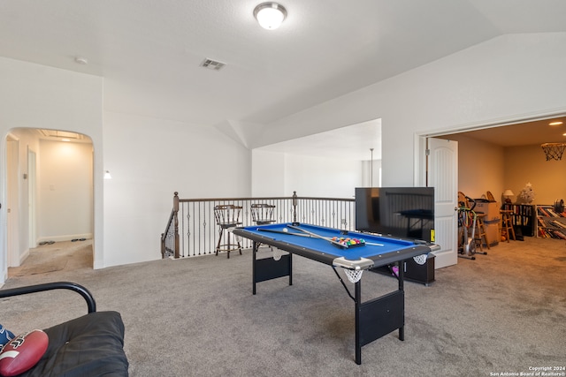 playroom with light carpet and lofted ceiling