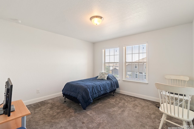 carpeted bedroom with a textured ceiling