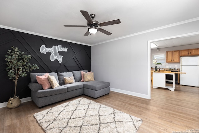 living room featuring ceiling fan, ornamental molding, and light hardwood / wood-style flooring