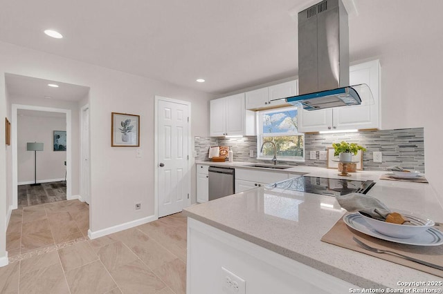 kitchen featuring white cabinetry, sink, stainless steel dishwasher, decorative backsplash, and island range hood