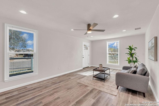 living room with ceiling fan and wood-type flooring