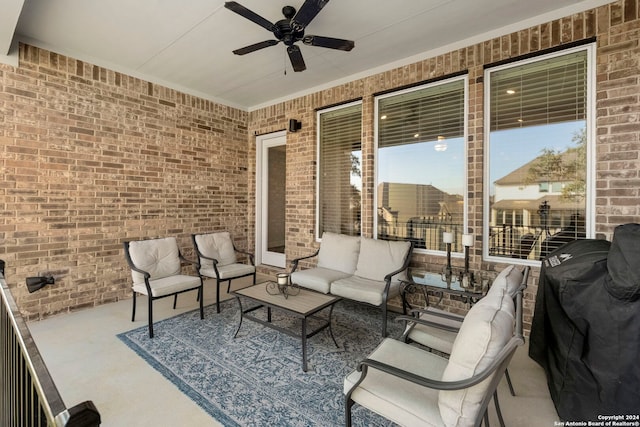 view of patio / terrace with a grill, ceiling fan, and an outdoor hangout area