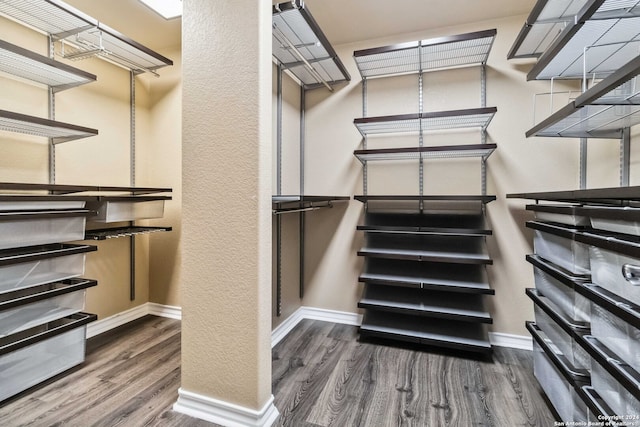 spacious closet featuring dark hardwood / wood-style flooring