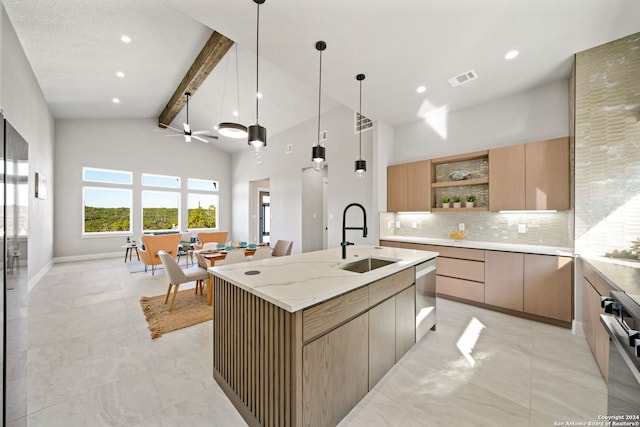 2920 Rocky Ridge Loop, Canyon Lake, TX 78133 - kitchen featuring a sink, open shelves, dishwasher, modern cabinets, and beamed ceiling