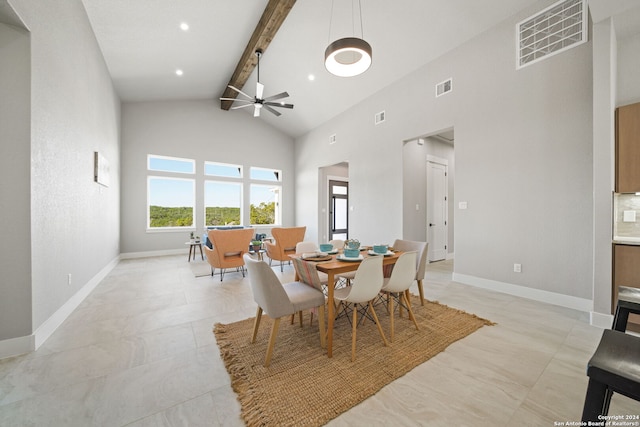 2920 Rocky Ridge Loop, Canyon Lake, TX 78133 - dining room featuring beamed ceiling, high vaulted ceiling, a ceiling fan, and baseboards