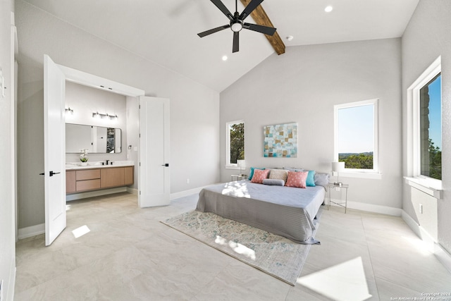 2920 Rocky Ridge Loop, Canyon Lake, TX 78133 - bedroom featuring beam ceiling, high vaulted ceiling, connected bathroom, baseboards, and recessed lighting