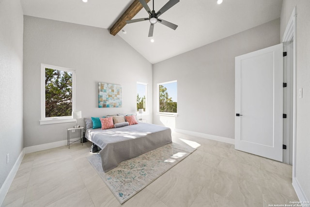 2920 Rocky Ridge Loop, Canyon Lake, TX 78133 - bedroom featuring beamed ceiling, recessed lighting, high vaulted ceiling, baseboards, and a ceiling fan