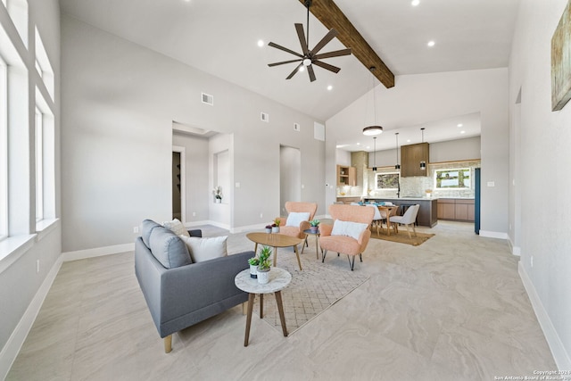 2920 Rocky Ridge Loop, Canyon Lake, TX 78133 - living room with beam ceiling, ceiling fan, recessed lighting, high vaulted ceiling, and baseboards
