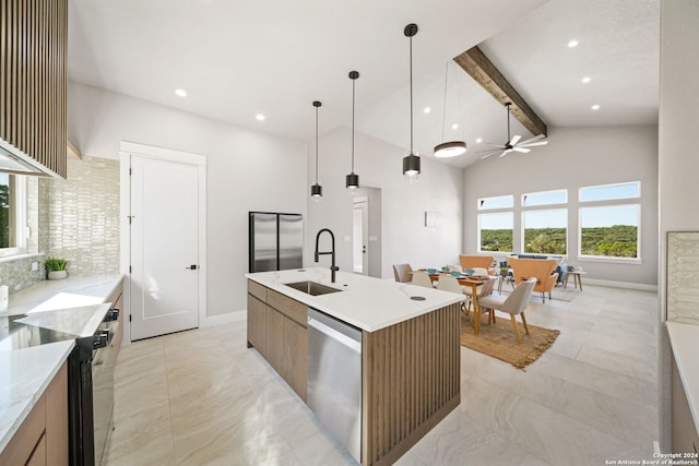 2920 Rocky Ridge Loop, Canyon Lake, TX 78133 - kitchen featuring stainless steel appliances, a sink, modern cabinets, tasteful backsplash, and ceiling fan