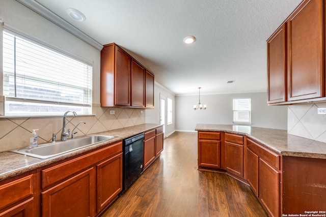 kitchen featuring black dishwasher, hanging light fixtures, decorative backsplash, sink, and dark wood-type flooring