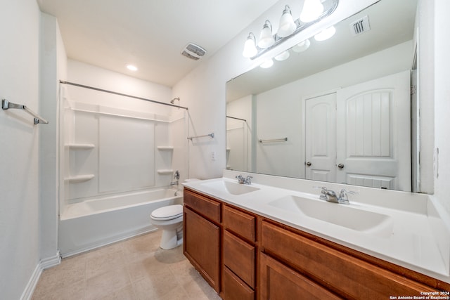 full bathroom with toilet, tile patterned flooring, vanity, and shower / bathing tub combination