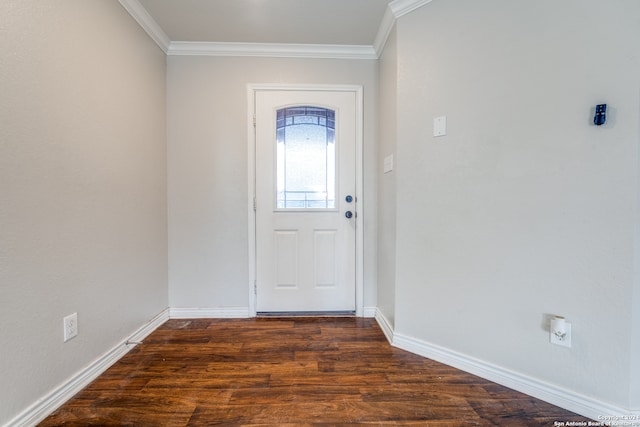 doorway to outside featuring dark wood-type flooring and crown molding