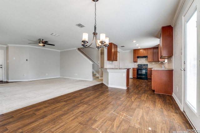 kitchen with dark wood-type flooring, a wealth of natural light, and black range with electric stovetop