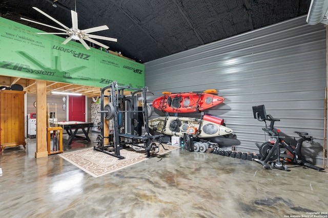 garage with ceiling fan