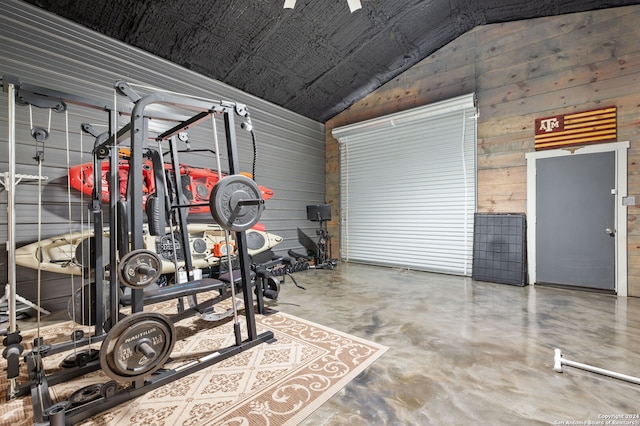 garage with wood walls