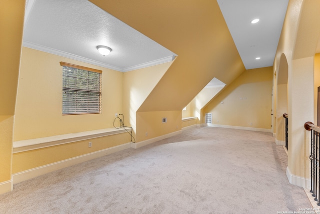 additional living space with lofted ceiling, a textured ceiling, and carpet floors