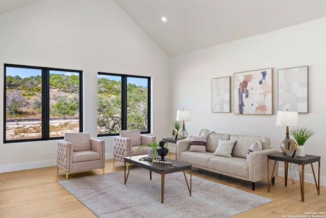 living room with light wood-type flooring and high vaulted ceiling