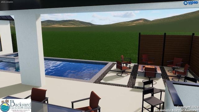 view of swimming pool with a fire pit, a mountain view, a lawn, a patio, and a hot tub