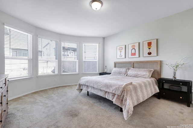 bedroom featuring light colored carpet