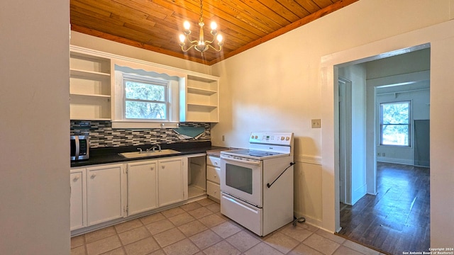 34970AND34900 Smithson Valley Rd, Bulverde, TX 78163 - kitchen with white electric range oven, open shelves, wooden ceiling, dark countertops, and a sink