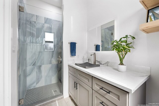 bathroom featuring wood-type flooring, vanity, and a shower with door