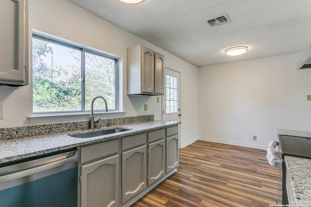 kitchen featuring gray cabinetry, dark wood-type flooring, sink, a healthy amount of sunlight, and dishwasher