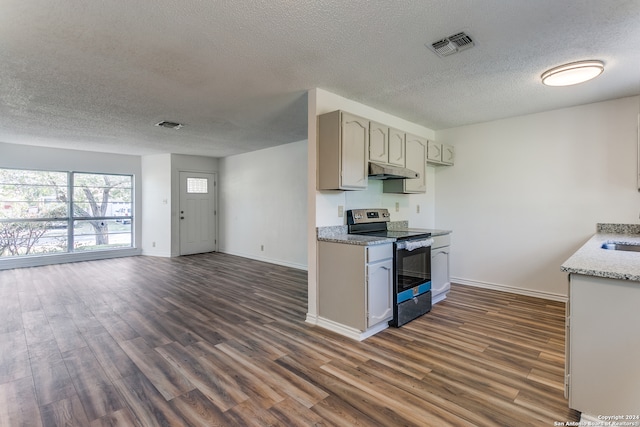 kitchen featuring light stone counters, electric stove, a textured ceiling, dark hardwood / wood-style floors, and gray cabinets