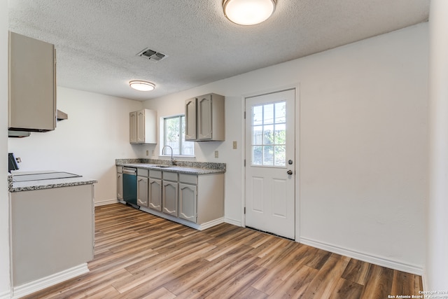 kitchen with dishwasher, light hardwood / wood-style flooring, a textured ceiling, and gray cabinetry