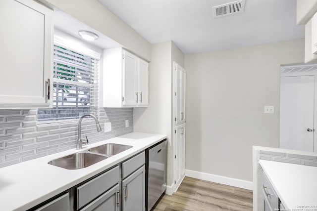 kitchen featuring white cabinetry, backsplash, sink, light hardwood / wood-style floors, and dishwasher