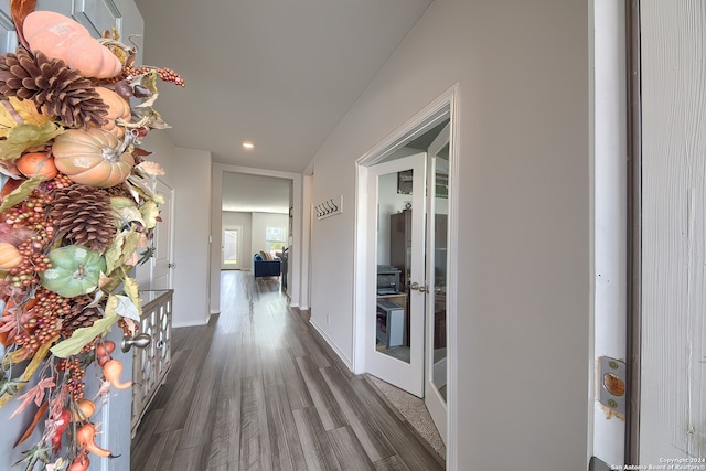 hall featuring dark wood-type flooring