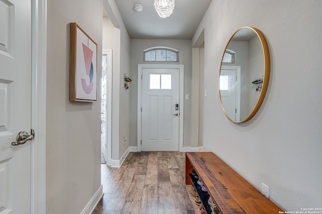 foyer entrance with hardwood / wood-style flooring and a notable chandelier