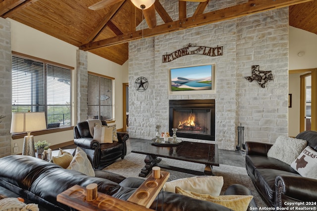 living room with wooden ceiling, beam ceiling, and high vaulted ceiling