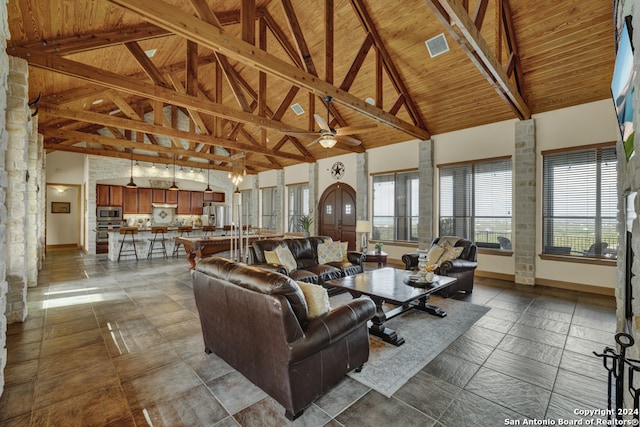 living room featuring high vaulted ceiling, beamed ceiling, and wood ceiling