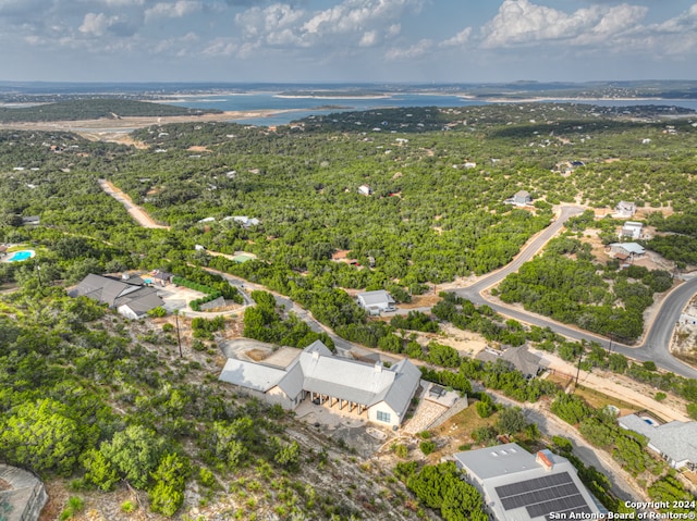 aerial view featuring a water view