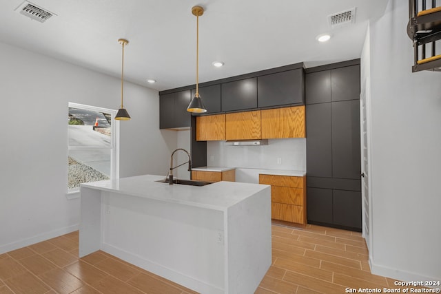 kitchen with a kitchen island with sink, sink, pendant lighting, and light hardwood / wood-style floors