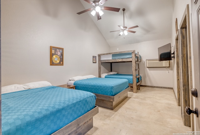 bedroom with light colored carpet, high vaulted ceiling, and ceiling fan