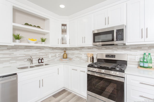 kitchen featuring tasteful backsplash, white cabinetry, sink, and stainless steel appliances