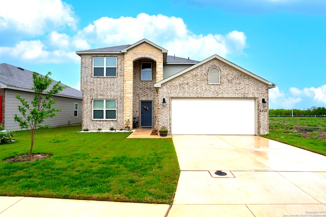 front facade featuring a front yard and a garage