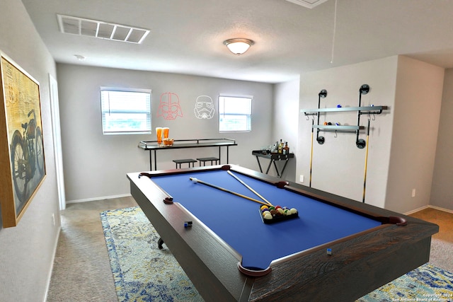 game room featuring carpet, billiards, and plenty of natural light