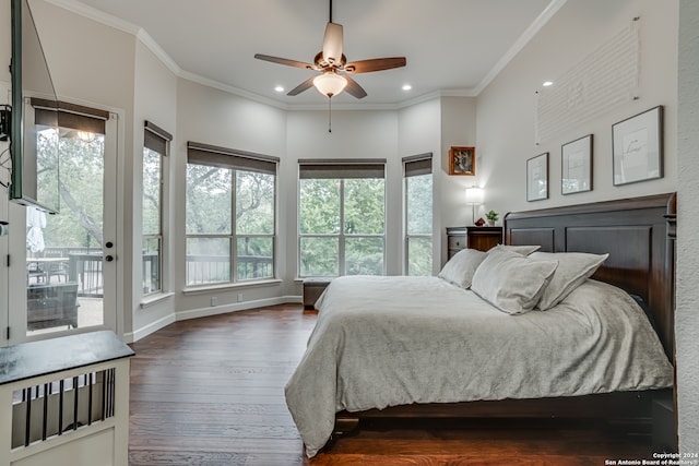 bedroom with access to outside, ceiling fan, multiple windows, and dark hardwood / wood-style floors