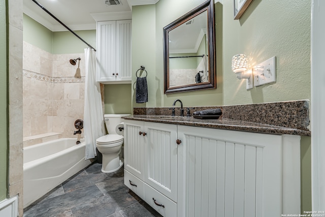 full bathroom with shower / bathtub combination with curtain, vanity, toilet, and crown molding