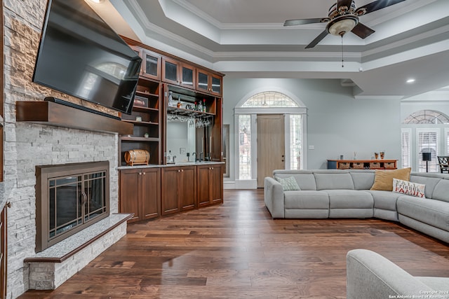 living room featuring ornamental molding, dark hardwood / wood-style flooring, and a raised ceiling