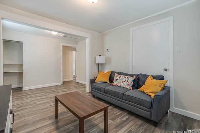 living room with hardwood / wood-style floors and ornamental molding