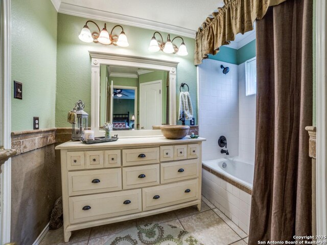 16 Pembroke Ln, San Antonio, TX 78240 - full bath featuring crown molding, vanity, tile patterned floors, and tiled shower / bath combo